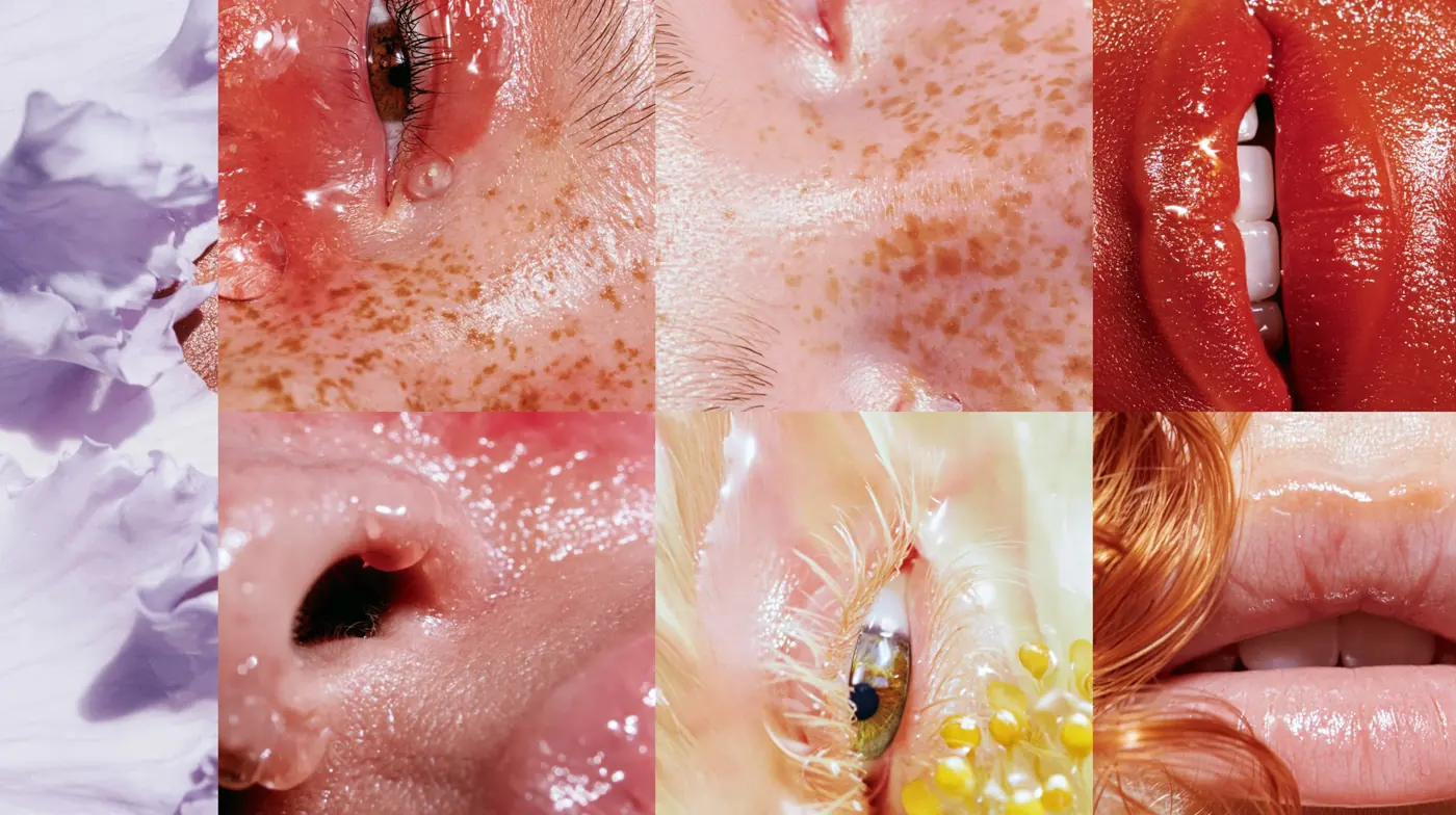 A collage of close-ups of eyes, lips and skin, the senses up close