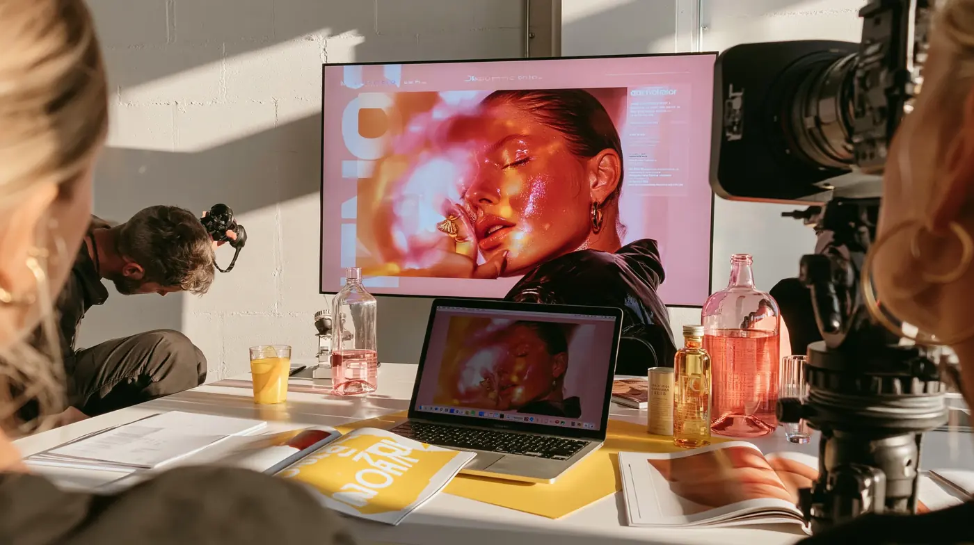 A trend workshop in a sunlit studio: a screen with a beauty image, a laptop, magazines, fragrance bottles and a camera
