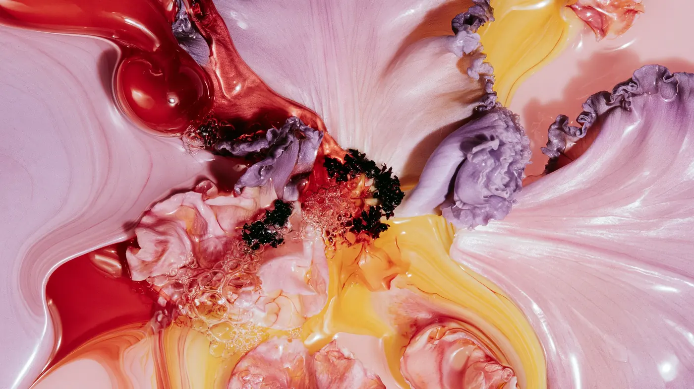 Liquid swirls of pink, violet, red and yellow, like petals melting