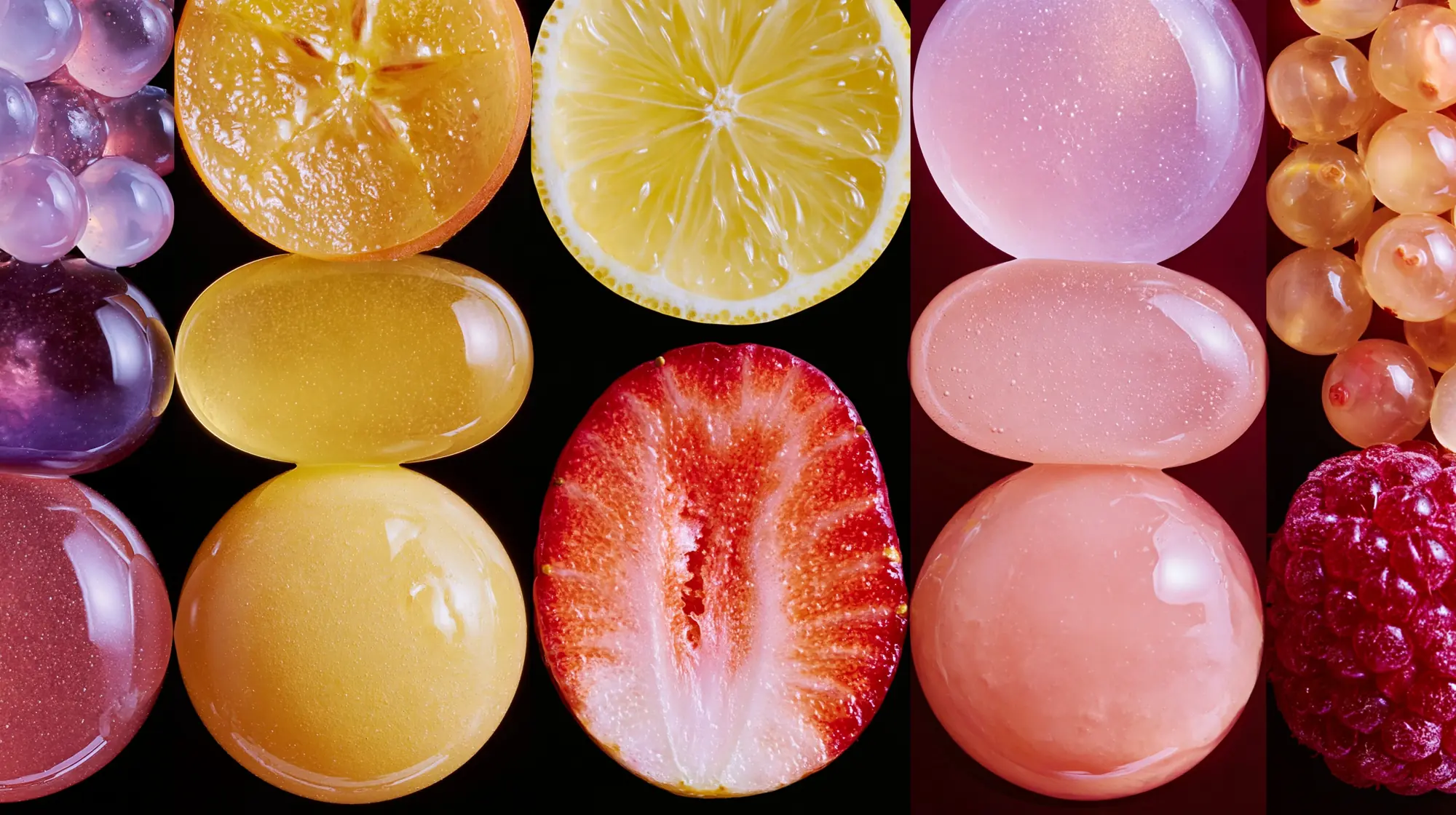 Glossy fruit slices and jellies lined up by color, like a palette