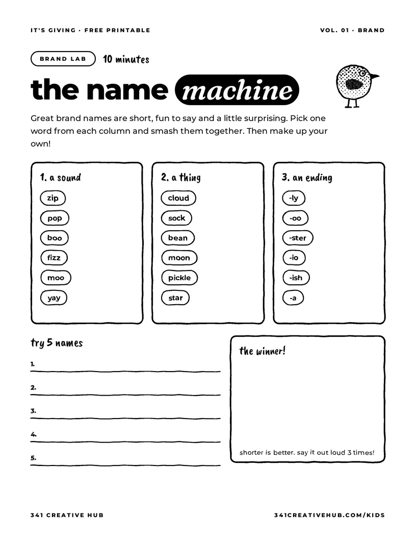 The Name Machine, free printable worksheet for kids