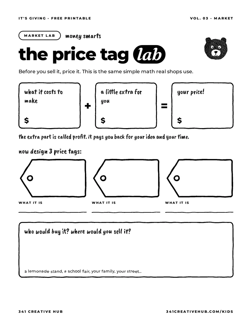 The Price Tag Lab, free printable worksheet for kids