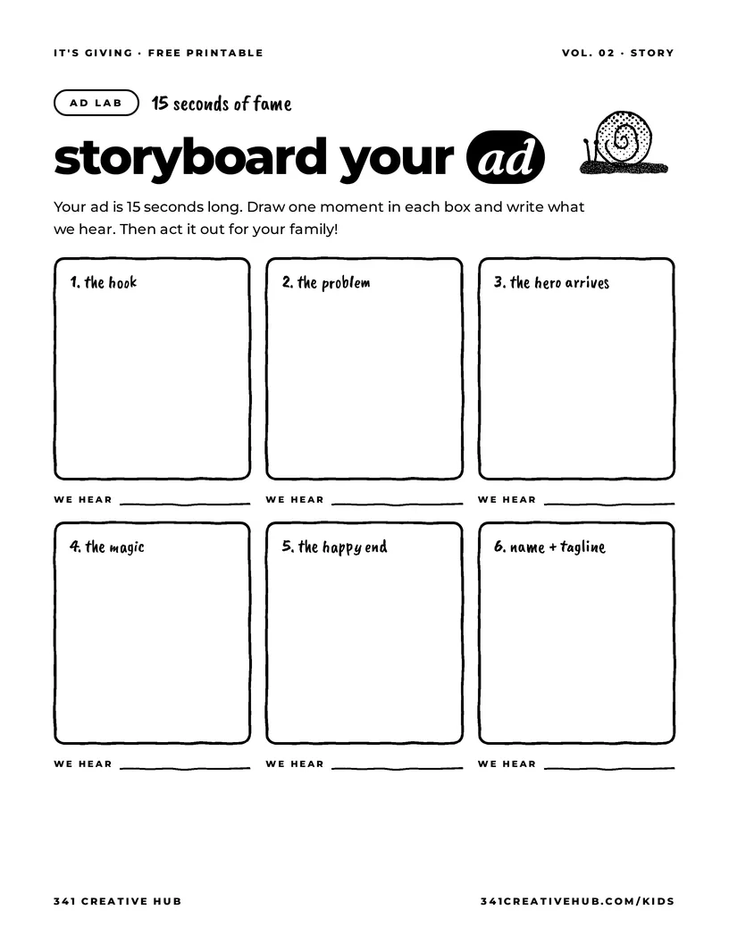Storyboard Your Ad, free printable worksheet for kids