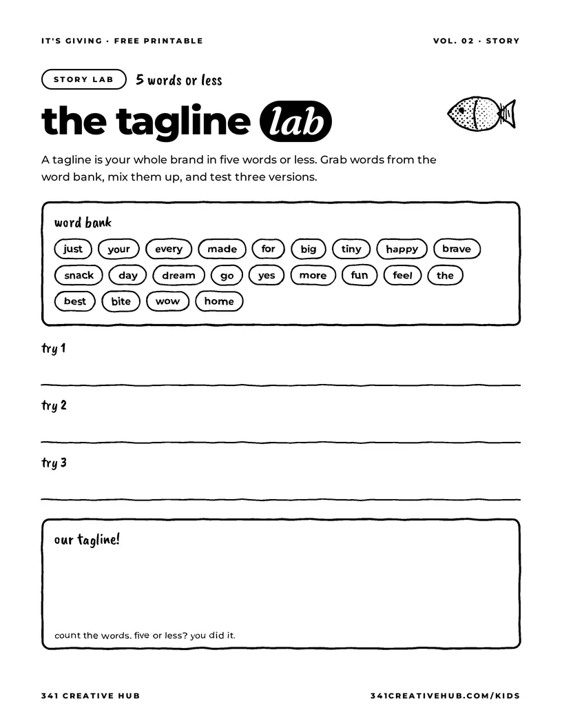 The Tagline Lab, free printable worksheet for kids